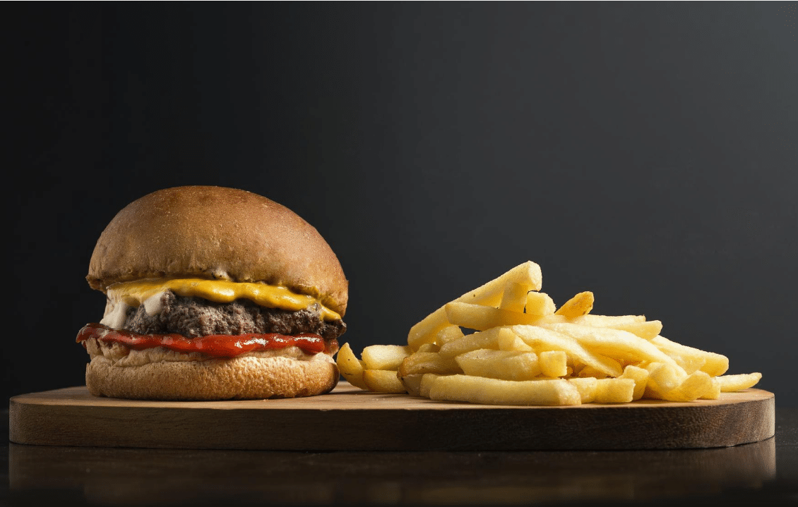 unhealthy burger and chips