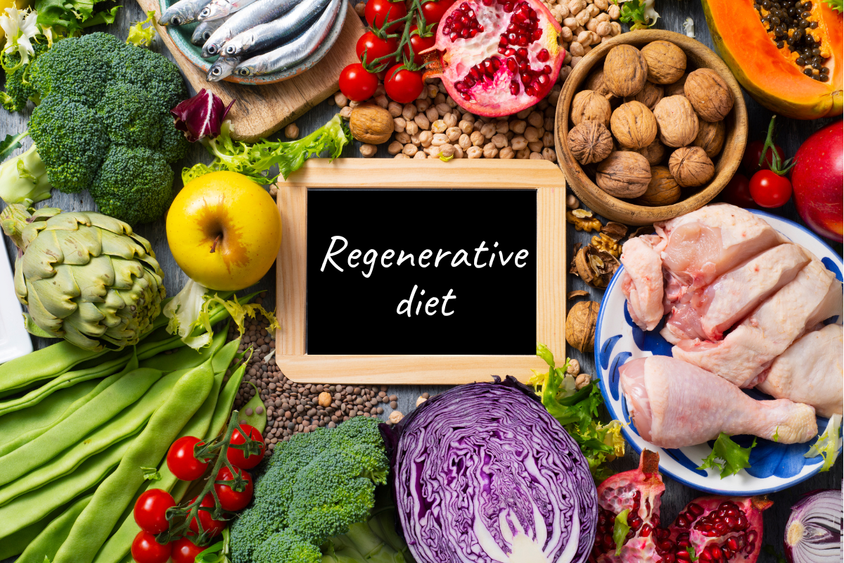 Regenerative diet image a picture of fruits, veg, meats, legumes, and nuts to show the components of a sustainable regenerative diet