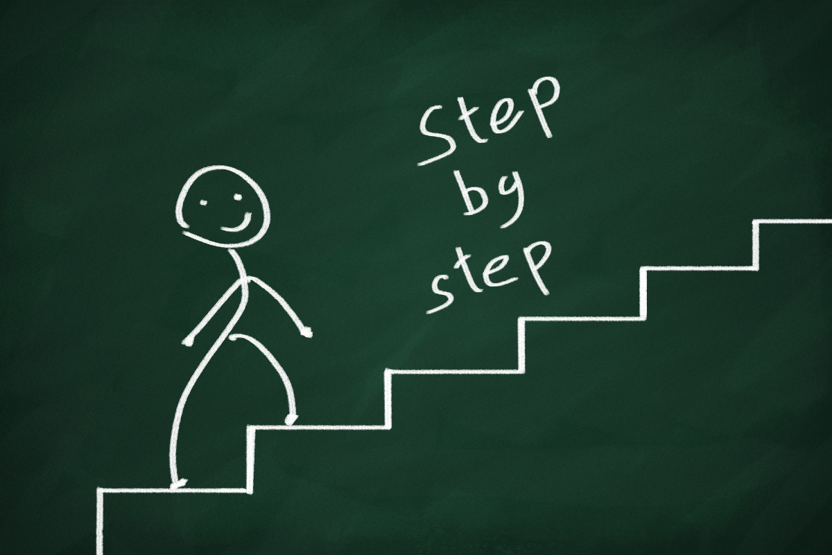 step by step stick art of a person climbing steps and the words 'step by step'